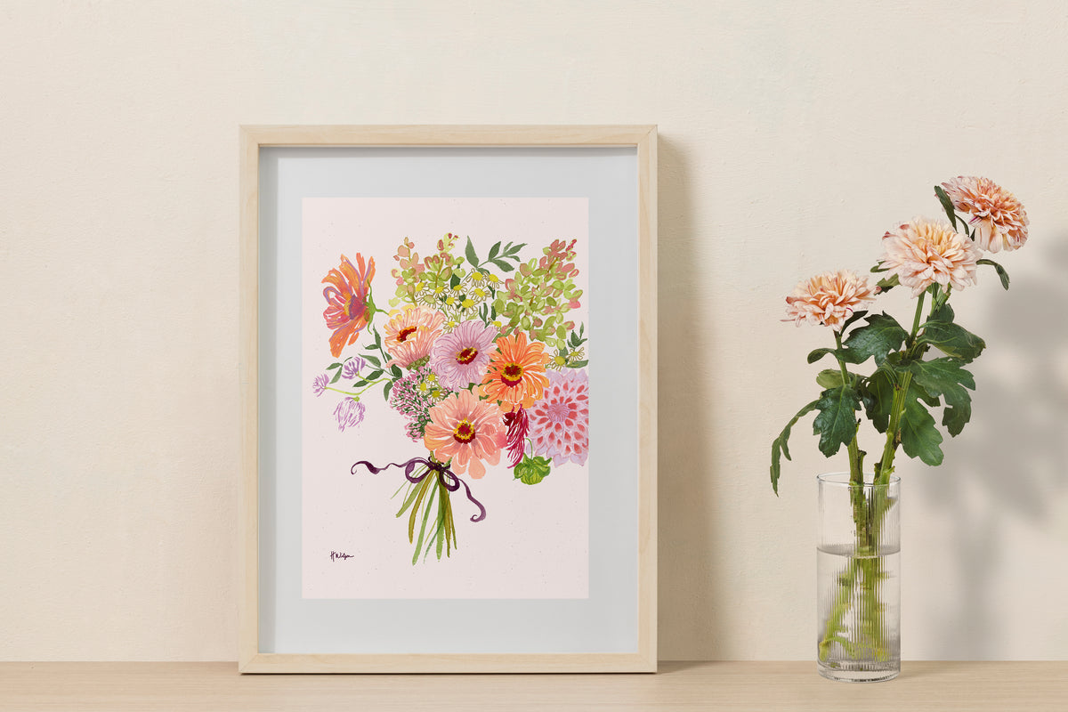 Fall Bouquet with Zinnias and Cosmos Floral Art Print